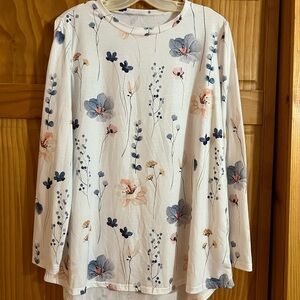 Long-Sleeve Floral Print Women’s Top - White with Blue & Peach Florals